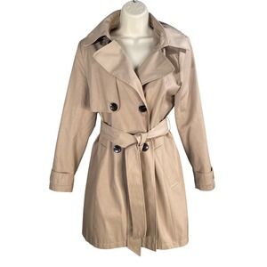 HALOGEN Petite Medium Tan Hooded Double Breasted Trench Coat Belted Classic